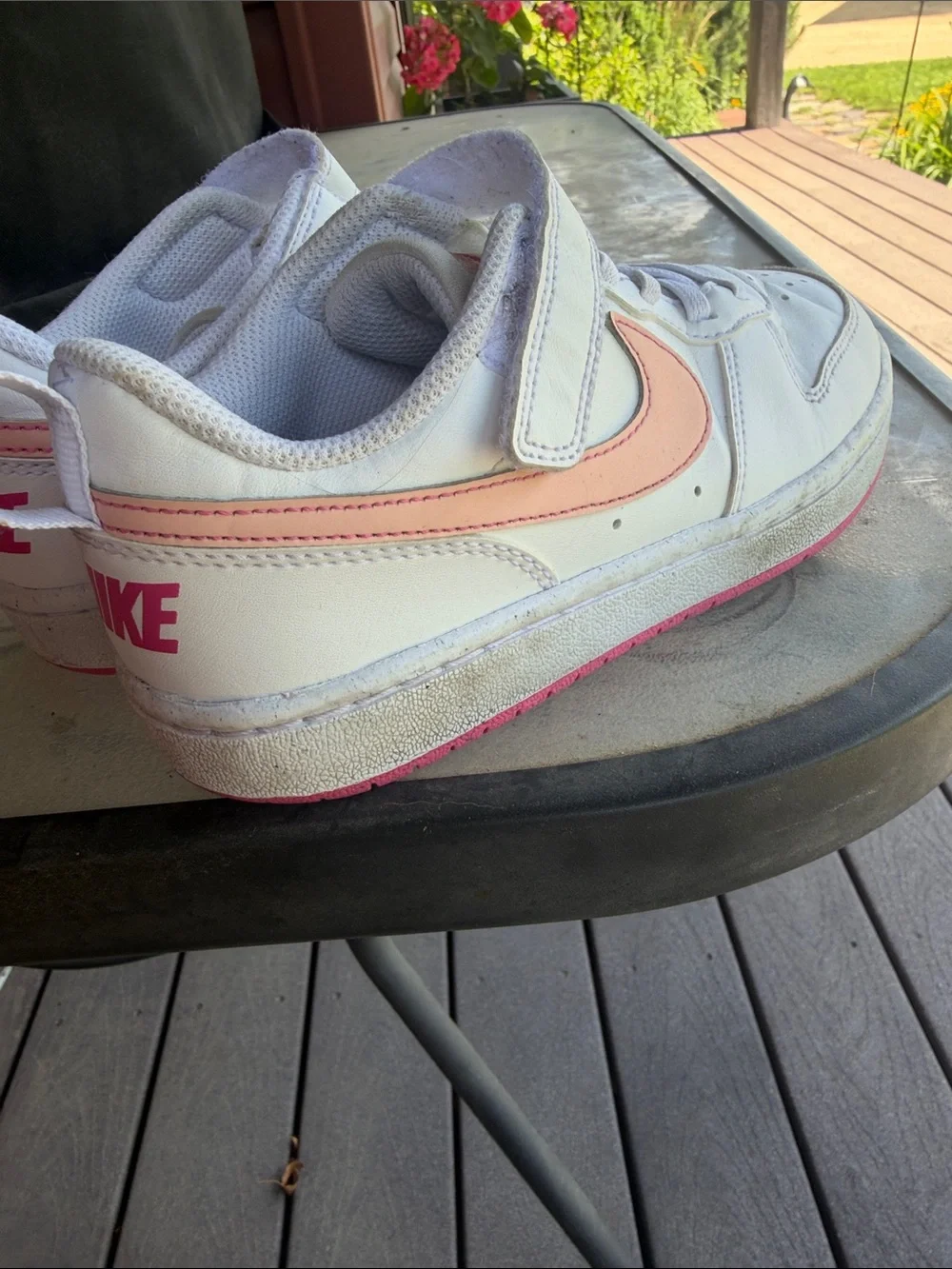 Youth size 1.5 Nike White Sneakers with Pink Swoosh Accent